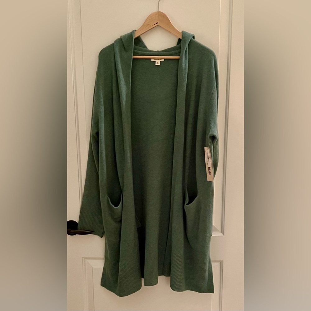 Goodthreads Green Lightweight Knit Sweater/Cardigan/Duster with Pockets/Hood NWT